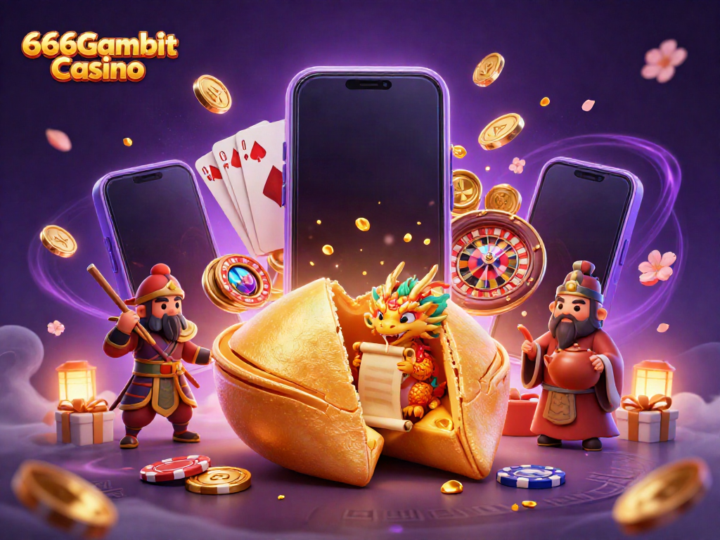 Profitez des jeux de casino sur 666Gambit Casino avec ce décor animé rempli de symboles de chance et de jeux!