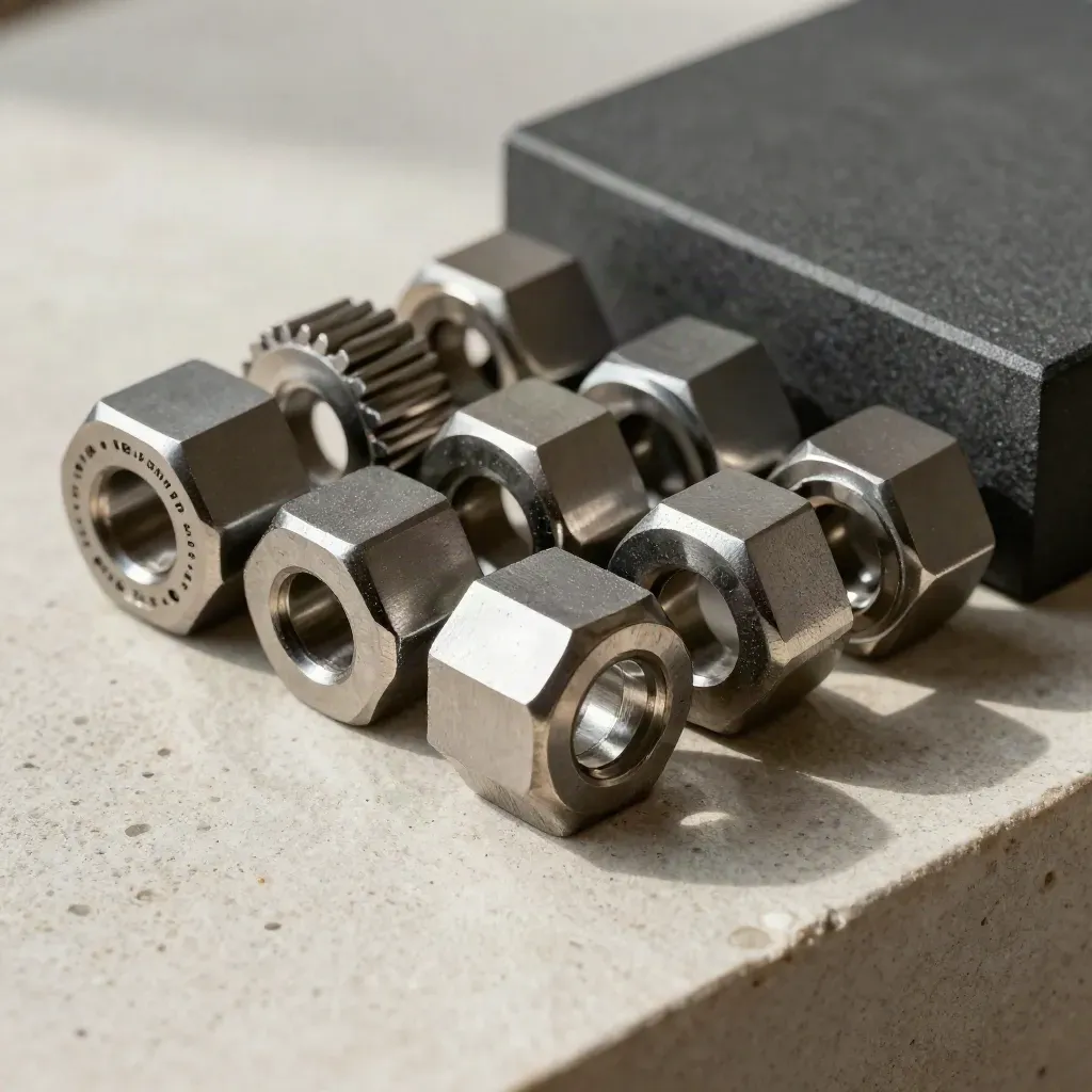 Gros plan de cales alu, coupleurs hexagonaux et bloc graphite sur pierre claire.