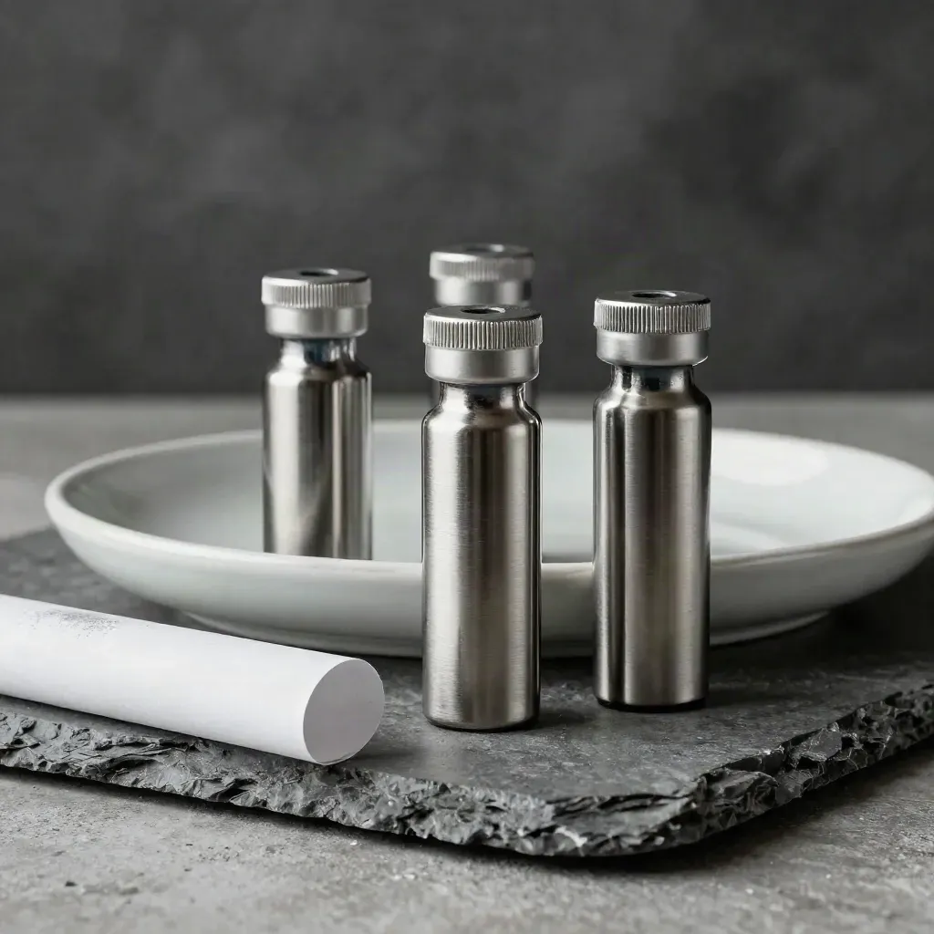 Vials de laboratoire en métal avec un plateau céramique et un bord de tapis antistatique.