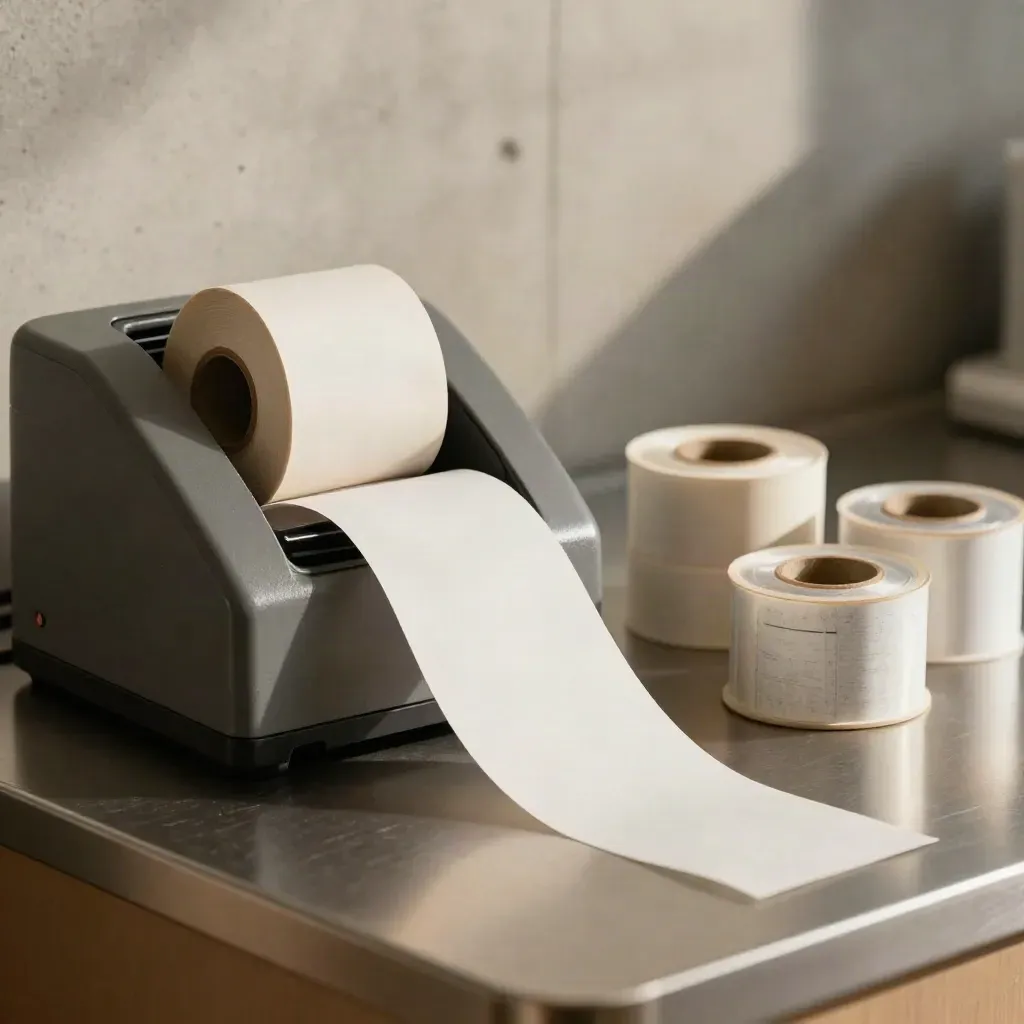 Rouleaux de tickets, base de scanner et bobines d’étiquettes sur comptoir en béton, lumière douce.