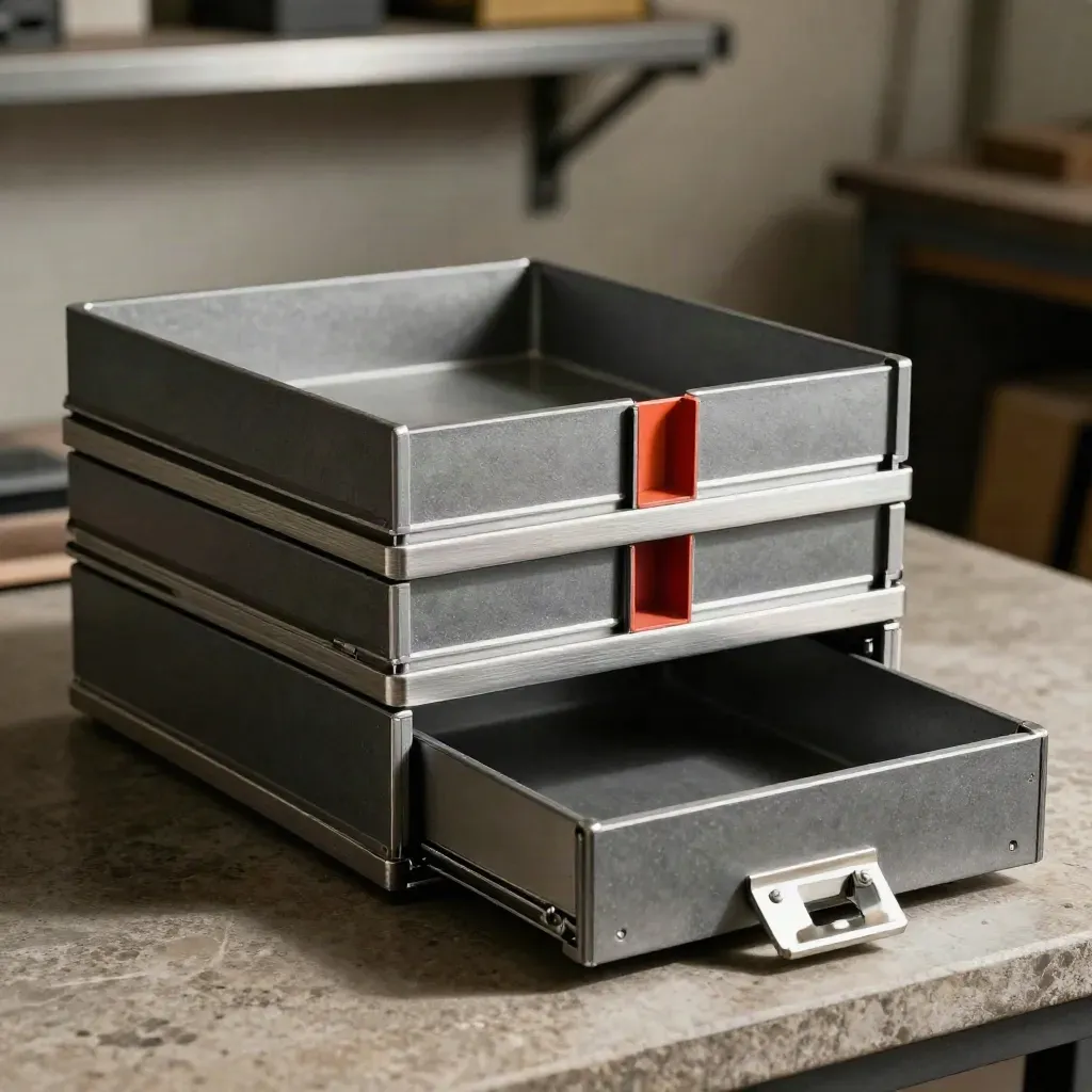 Bacs industriels modulaires, insert de tiroir et support usiné sur établi gris, lumière dramatique.