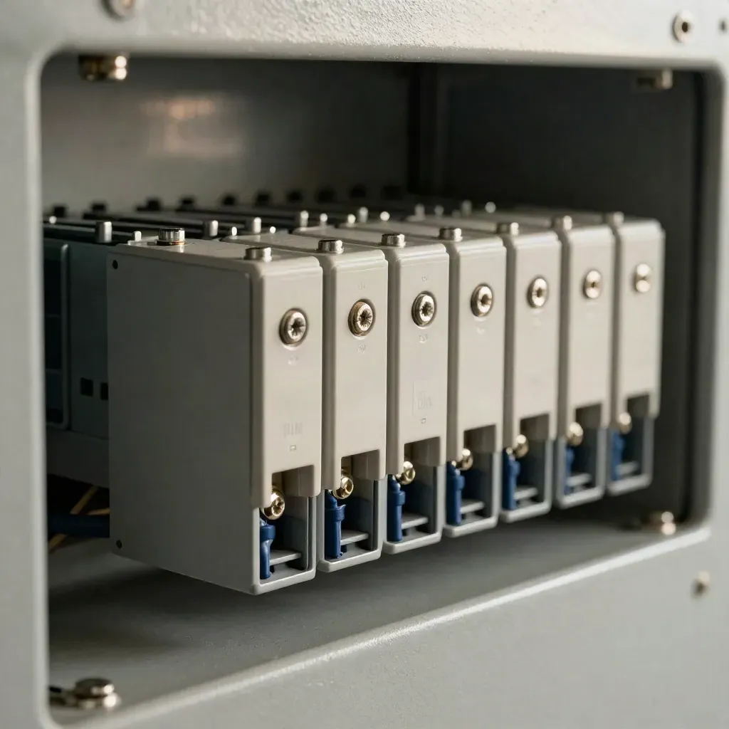 Modules relais DIN et borniers sur rail, lumière rasante et ombres profondes.