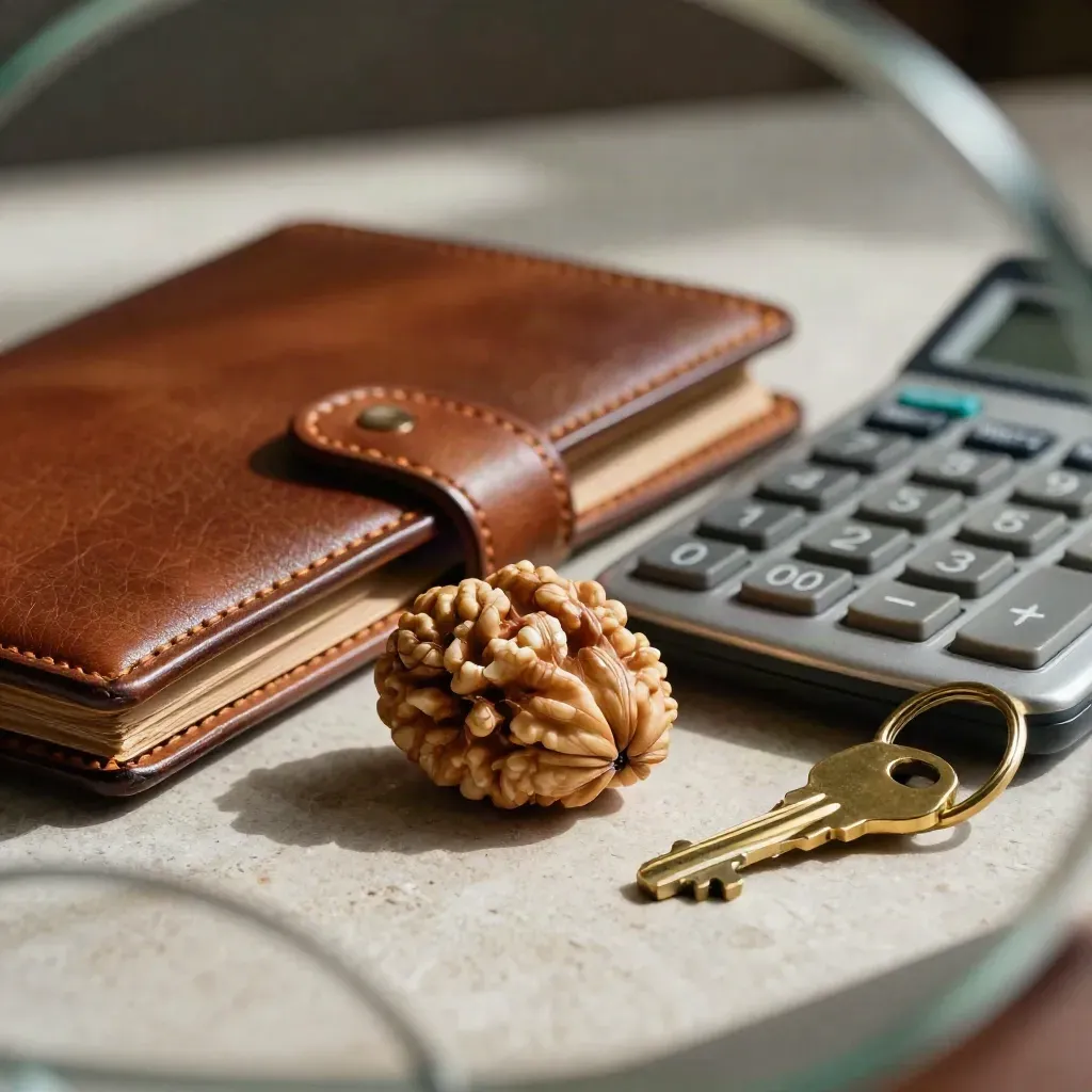 Nature morte macro d’un bloc de réunion en noyer, folio cuir, calculatrice et porte-clés en laiton.