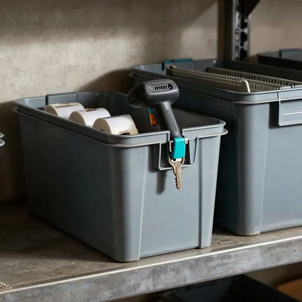 Bacs de tri, rouleaux d’étiquettes thermiques et dock de scanner sur une étagère d’atelier.