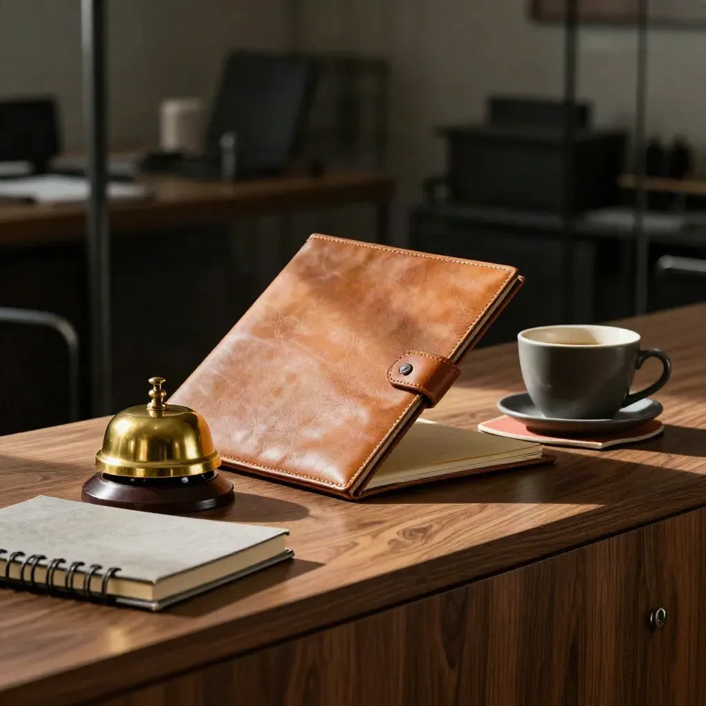 Folder de factures en cuir, cloche en laiton, carnet fermé et tasse d’espresso sur crédence.