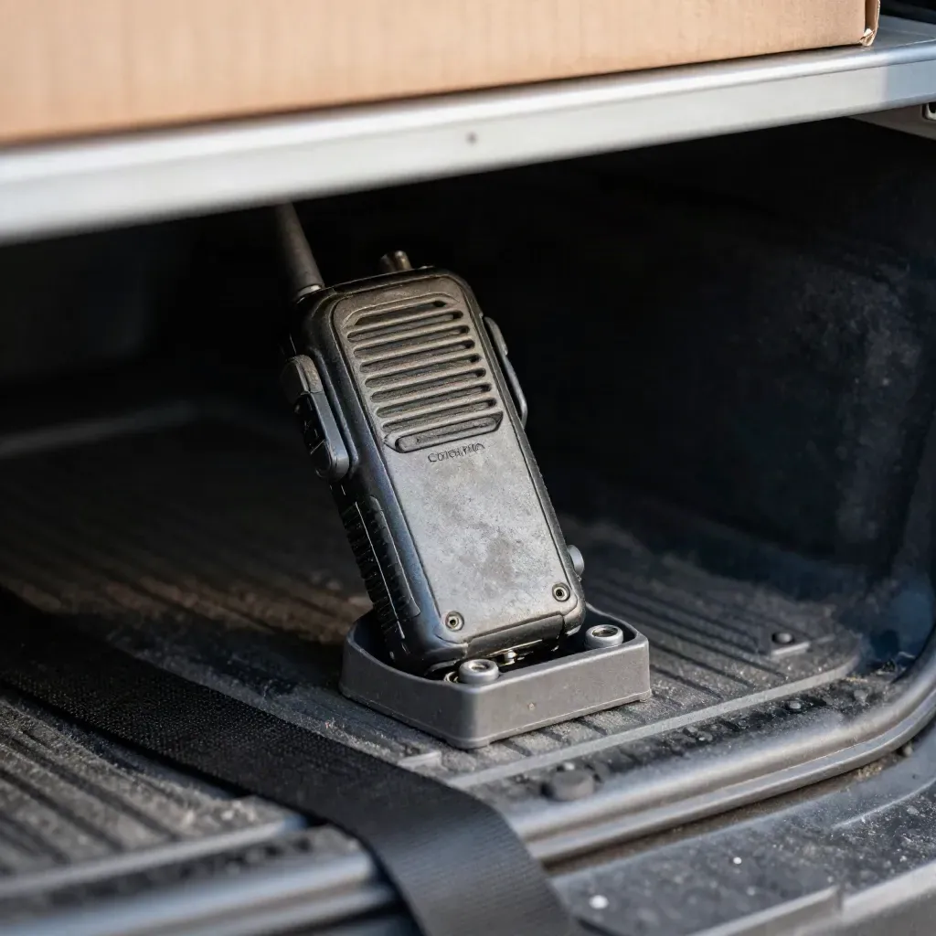 Gros plan d’une radio de livraison, d’une batterie et d’un dock sur fond sombre.