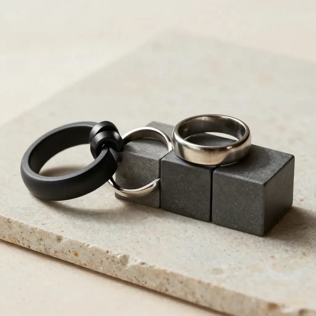 Anneaux métalliques et blocs modulaires sur pierre, vus en macro.