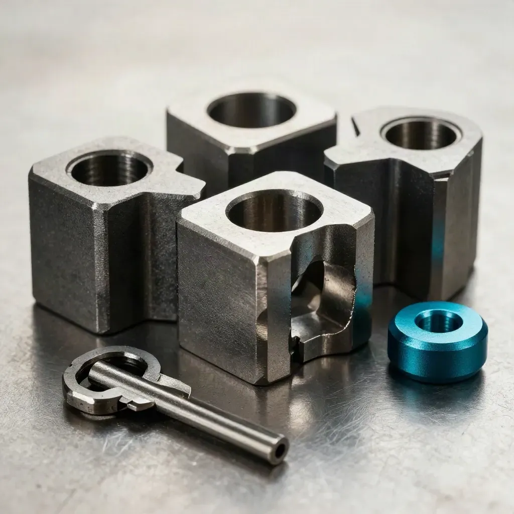 Pièces mécaniques imbriquées sur métal brossé, lumière dramatique et accent turquoise.