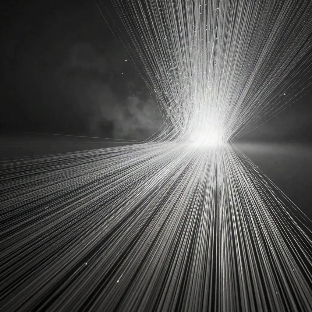 Filaments argentés dans une brume graphite, bloom blanc décentré, zone calme en bas pour le texte.