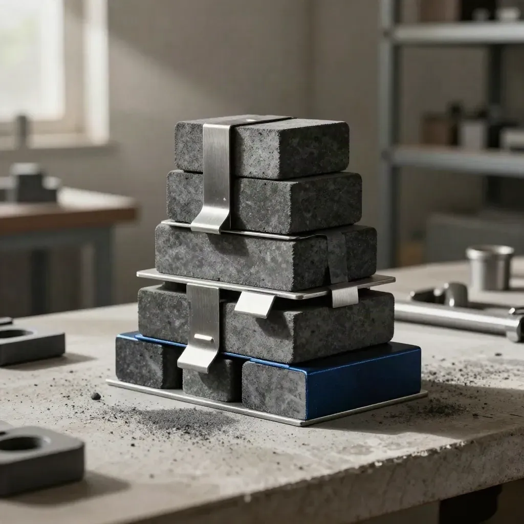 Blocs graphite en colonne, tabs acier et plaque mate sur béton clair, vue zénithale.