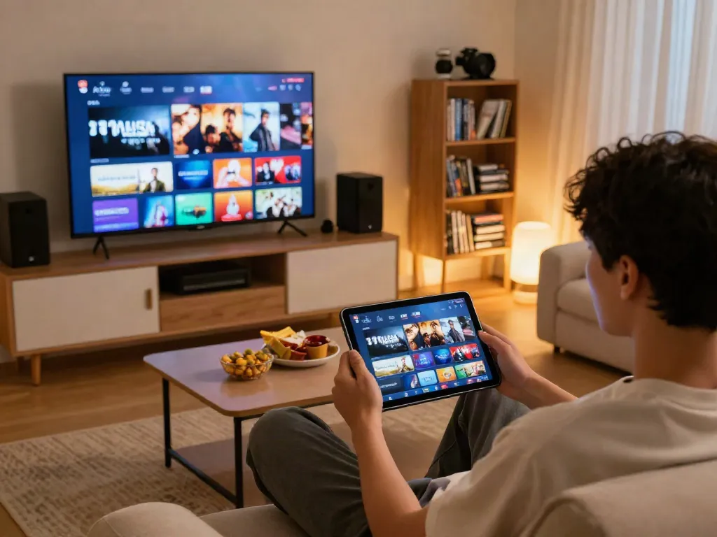 Configuration moderne de divertissement à domicile avec Atlas IPTV sur tablette.