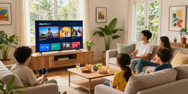 Famille profitant de l'application Atlas Pro ONTV dans un salon lumineux.