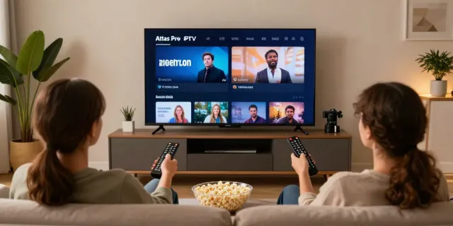 L'application atlas pro iptv en action sur un téléviseur à écran plat dans un salon moderne.