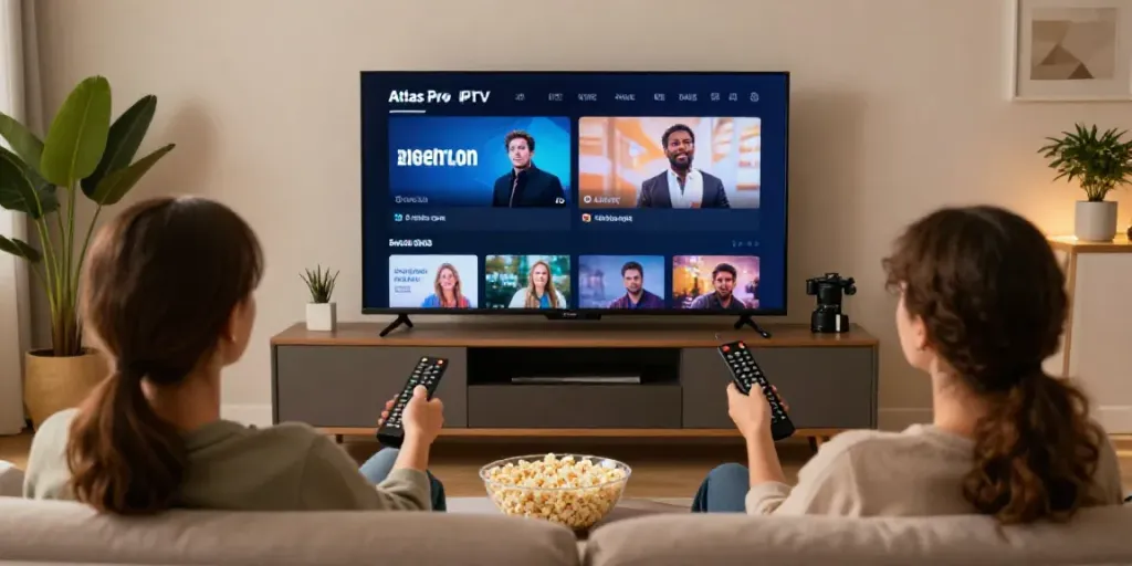 L'application atlas pro iptv en action sur un téléviseur à écran plat dans un salon moderne.